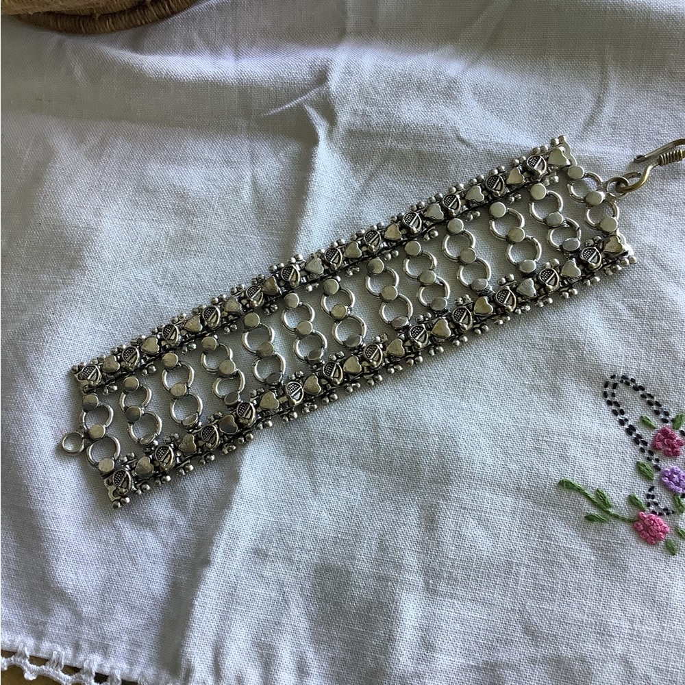 Sterling-Tone Floral Link Wide Bracelet in Silver